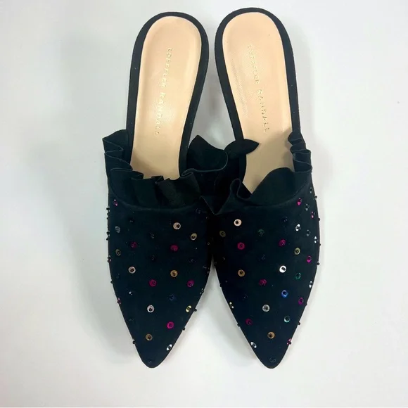Loeffler Randall Berkley Black Suede Sequin Mule Kitten Heel Pointed Toe size 10